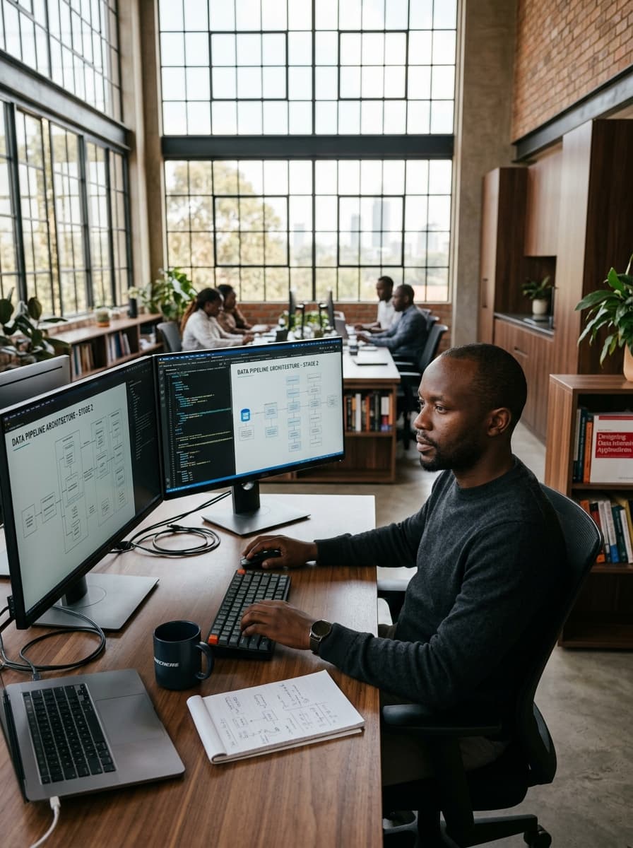 Software developer reviewing code and application plans